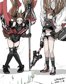  2girls absurdres angelina_(arknights) animal_ears arknights arknights:_endfield artist_name bag bare_shoulders belt black_bag black_boots black_collar black_gloves black_shirt boots brown_hair clueless coat collar colored_inner_animal_ears daisy_(flower) dated doyagao dress earpiece extra_ears floating_hair flower fold-over_boots fox_ears fox_girl fox_tail gilberta_(arknights) gloves grey_dress hairband high_belt high_collar highres infection_monitor_(arknights) jacket kneehighs knees_together_feet_apart long_hair long_sleeves messenger_bag midriff_peek multicolored_hairband multiple_girls navel open_clothes open_coat open_jacket open_mouth over-kneehighs red_coat red_eyes red_hairband red_jacket shadow shirt shoes short_dress short_shorts shorts shoulder_bag simple_background sleeveless sleeveless_dress smug sneakers socks striped_clothes striped_hairband surprised tail thighhighs twintails two-tone_hairband upshirt upskirt wavy_mouth whate=3r white_background white_coat white_flower wind wind_lift zettai_ryouiki 