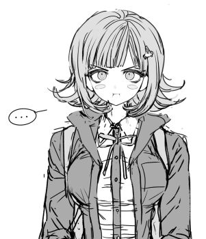  ... 1girl 3ooip blush_stickers breasts collared_shirt danganronpa_(series) danganronpa_2:_goodbye_despair dress_shirt flipped_hair greyscale hair_ornament highres hood jacket long_sleeves looking_at_viewer medium_hair monochrome nanami_chiaki neck_ribbon open_clothes open_jacket pout ribbon shirt solo spoken_ellipsis two-tone_shirt upper_body  rating:General score:2 user:danbooru
