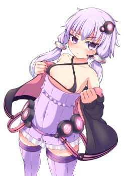  >:< :< bare_shoulders bikini bikini_top_only black_jacket blush breasts closed_mouth clothes_pull collarbone covered_navel dress dress_pull eyelashes feet_out_of_frame flipped_hair hair_between_eyes headgear highres holding holding_unworn_clothes jacket legs_apart long_hair looking_at_viewer looking_up low_twintails off_shoulder open_clothes open_jacket purple_dress purple_eyes purple_hair purple_thighhighs sabfish1229 short_dress sleeveless sleeveless_dress small_breasts standing striped_clothes striped_dress striped_thighhighs swimsuit thighhighs twintails v-shaped_eyebrows vertical-striped_clothes vertical-striped_dress vertical-striped_thighhighs vocaloid yuzuki_yukari zettai_ryouiki 