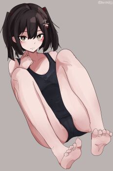  1girl barefoot black_hair black_one-piece_swimsuit breasts brown_eyes commentary_request highres kantai_collection looking_at_viewer miron_(mirona33) old_school_swimsuit one-piece_swimsuit school_swimsuit sendai_(kancolle) sendai_kai_ni_(kancolle) short_hair sitting small_breasts solo swimsuit two_side_up 