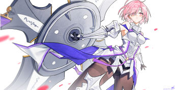  1girl :o absurdres armor bare_shoulders black_pantyhose blush chinese_commentary coattails commentary cowboy_shot dated falling_petals fate/grand_order fate_(series) gauntlets hair_over_one_eye highres holding holding_shield looking_at_viewer looking_down mash_kyrielight mash_kyrielight_(paladin) pantyhose parted_lips petals pink_eyes pink_hair shield short_hair shoulder_blush signature simple_background solo tailcoat thighband_pantyhose white_background yisjhui 