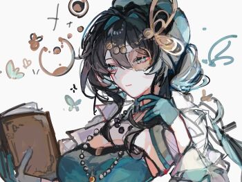  1girl alternate_costume black_hair book breasts dress gloves hair_bun hair_ornament hat highres holding holding_book honkai:_star_rail honkai_(series) jacket jewelry medium_breasts monocle multicolored_hair necklace nonoko_(1k6sx1encx45226) open_clothes open_jacket reading ruan_mei_(honkai:_star_rail) streaked_hair 