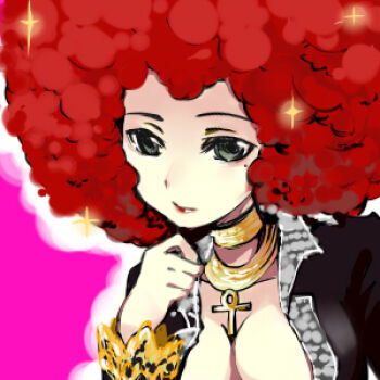  1girl afro atlus breasts catherine_(game) choker cleavage female_focus green_eyes happy_happy_rain ishida_ru jewelry lipstick long_hair lowres makeup midnight_venus mole necklace red_hair solo trisha vest 