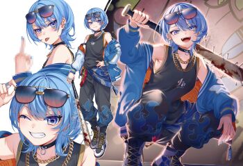 1girl ;d absurdres baseball_bat black_choker black_tank_top blue_eyes blue_hair blue_jacket blue_nails censored censored_gesture chain chain_necklace choker delinquent double-parted_bangs esther_mini eyewear_on_head flame_print gold_chain grin hair_between_eyes hashtag-only_commentary high_tops highres hololive hololive_grand_theft_auto hoshimachi_suisei jacket jewelry letterman_jacket middle_finger multiple_views nail_(hardware) nail_bat nail_polish necklace one_eye_closed open_clothes open_jacket open_mouth shoes short_hair smile smug sneakers squatting star_(symbol) star_in_eye sunglasses symbol_in_eye tank_top tongue tongue_out virtual_youtuber wolf_cut 