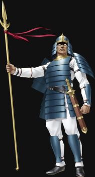  1boy armor closed_mouth demon_(megami_tensei) frown full_body green_eyes helmet highres holding holding_polearm holding_weapon japanese_armor kazuma_kaneko momunofu_(megami_tensei) official_art polearm red_ribbon ribbon scabbard sheath shin_megami_tensei shin_megami_tensei:_strange_journey shoulder_armor simple_background sode solo spear standing suneate sword third-party_source transparent_background weapon 