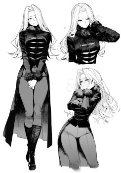  blush boots breasts commentary_request drowsy_sheep full_body fur-trimmed_sleeves fur_collar fur_trim hand_in_own_hair hands_on_own_face highres knee_boots large_breasts long_coat long_hair long_legs mature_female methode_(sousou_no_frieren) multiple_views narrow_waist own_hands_together pants skin_tight slim_legs sousou_no_frieren standing 