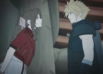  1boy 1girl aerith_gainsborough ameiro0814 armor bandaged_arm bandages belt blonde_hair blurry blurry_background braid braided_ponytail brown_hair buster_sword cloud_strife cropped_jacket dress earrings final_fantasy final_fantasy_vii final_fantasy_vii_remake hair_between_eyes hair_ribbon jacket jewelry leaning_forward light_smile long_hair looking_at_another multiple_belts parted_bangs parted_lips pauldrons pink_dress pink_ribbon red_jacket ribbon short_hair short_sleeves shoulder_armor sidelocks single_braid single_earring single_pauldron sleeveless sleeveless_turtleneck slums spiked_hair suspenders turtleneck weapon weapon_on_back 