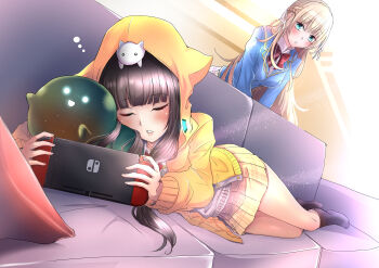  2girls absurdres animal animal_ears animal_hood animal_on_head aqua_eyes asakura_karen_(heaven_burns_red) black_hair black_socks blonde_hair blue_jacket blunt_bangs blush bow bowtie braid brown_skirt cat cat_ears cat_hood cat_on_head closed_eyes commentary couch cowboy_shot dutch_angle eyelashes facing_viewer fake_animal_ears foreshortening full_body hair_ribbon half_up_braid handheld_game_console heaven_burns_red highres holding holding_handheld_game_console hood hood_up hoodie indoors jacket kneehighs ksnkhka0410 leaning_forward lips long_hair long_sleeves looking_at_another low_twintails lying miniskirt multiple_girls narby_(heaven_burns_red) nintendo_switch no_shoes on_couch on_head on_side open_clothes open_hoodie orange_hoodie parted_lips plaid_clothes plaid_skirt pleated_skirt red_bow red_bowtie ribbon shirt skirt sleeping sleeves_past_wrists slime_(creature) socks squeans toujou_tsukasa twintails very_long_hair white_ribbon white_shirt 