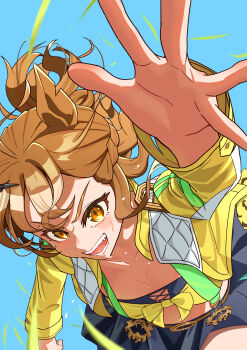  absurdres ahoge animal_ears arm_up bandeau belt blue_skirt blush braid breasts brown_belt brown_hair commentary from_above hair_between_eyes hair_ornament hairclip half_up_braid half_up_half_down_braid highres horse_ears horse_girl jacket jewelry jungle_pocket_(champion's_battle_cry)_(umamusume) jungle_pocket_(umamusume) long_sleeves medium_hair midriff notched_ear open_clothes open_mouth shikata_haruki skirt small_breasts sweat teeth umamusume yellow_bandeau yellow_eyes yellow_jacket 