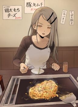  1girl black_shirt breasts chopsticks collarbone commentary_request cooking cup drinking_glass food gakuen_idolmaster grey_hair griddle hair_ornament hairclip hand_on_table highres holding holding_spatula idolmaster imaninjaguy indoors korean_commentary long_hair long_sleeves looking_down okonomiyaki open_mouth orange_eyes parallel_hairclips parted_bangs plate pov_across_table salt_shaker shinosawa_hiro shirt sitting small_breasts solo soy_sauce_bottle spatula table textless_version translation_request two-tone_shirt upper_body white_shirt 
