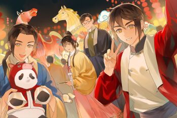  2girls 5boys animal_costume arm_up axis_powers_hetalia beizi_(clothing) belt black_belt black_hair black_sky blue_hanfu bright_pupils brown_hair china_(hetalia) chinese_clothes chinese_commentary chinese_new_year chinese_zodiac closed_eyes closed_mouth cloud commentary_request flower from_behind from_side fur-trimmed_sleeves fur_trim green_shirt hair_between_eyes hair_bun hair_flower hair_ornament hair_rings hand_up hands_in_opposite_sleeves hands_up hanfu highres holding holding_stick holding_stuffed_toy hong_kong_(hetalia) horse horse_costume jacket jiaoling_ruqun jingtianruoling lantern long_hair long_sleeves longpao looking_at_viewer low_ponytail macau_(hetalia) mandarin_collar multiple_boys multiple_girls night open_clothes open_jacket open_mouth orange_eyes outdoors paper_lantern pink_flower pink_skirt pleated_skirt pom_pom_(clothes) ponytail puffy_long_sleeves puffy_sleeves red_jacket red_ribbon ribbon shirt short_hair short_hair_with_long_locks sidelocks skirt sky smile stick stuffed_animal stuffed_panda stuffed_toy taiwan_(hetalia) tangzhuang tassel teeth tongue upper_body v white_pupils white_shirt wide_sleeves year_of_the_horse yellow_jacket 