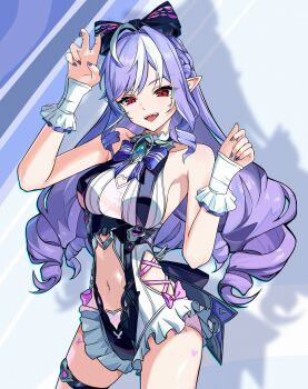  1girl absurdres bare_shoulders bow casual_one-piece_swimsuit chinese_commentary clothing_cutout commentary_request cowboy_shot fingernails hair_bow hands_up highres li_shijin long_fingernails long_hair mole mole_under_eye multicolored_hair nail_polish navel official_alternate_costume one-piece_swimsuit open_mouth partial_commentary pointy_ears purple_bow purple_hair purple_nails red_eyes sidelocks smile solo stomach stomach_cutout streaked_hair swimsuit thigh_strap thighs vivian_banshee vivian_banshee_(iris_of_the_shore) white_one-piece_swimsuit zenless_zone_zero 