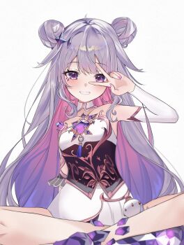  1girl absurdres black_corset castellayaki chest_jewel colored_inner_hair corset detached_collar detached_sleeves double_bun dress gem gradient_hair grey_hair hair_bun highres hololive hololive_english indian_style jewel_under_eye koseki_bijou koseki_bijou_(1st_costume) long_hair looking_at_viewer material_growth multicolored_hair pink_hair purple_eyes purple_gemstone purple_hair simple_background single_detached_sleeve sitting solo v v_over_eye very_long_hair virtual_youtuber white_background white_dress 