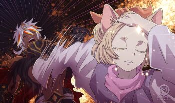  1boy 1girl adjusting_hair albaz_(yu-gi-oh!) animal_ears ash_blossom_&amp;_joyous_spring brown_hair closed_eyes commentary dark-skinned_male dark_skin dog_ears dog_girl duel_monster english_commentary gameplay_mechanics hand_in_own_hair hand_on_own_head japanese_clothes kimono long_sleeves meme midnite_dreams multicolored_hair naoya_hitting_choso_without_looking_(meme) open_mouth parody red_hair scene_reference short_hair watermark white_hair yu-gi-oh! 