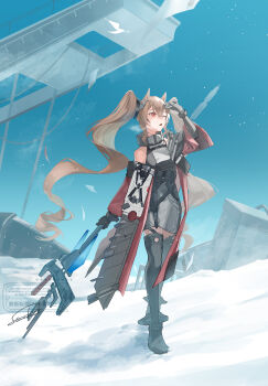  1girl absurdres angelina_(arknights) animal_ears arknights arknights:_endfield bird black_boots black_gloves black_thighhighs blue_sky boots breasts coat commentary_request day dress floating_hair floating_paper fold-over_boots fox_ears fox_girl fox_tail full_body gilberta_(arknights) gloves grey_dress headpiece high_collar highres holding holding_staff infection_monitor_(arknights) long_hair long_sleeves looking_to_the_side looking_up medium_breasts off_shoulder one_eye_closed open_clothes open_coat open_mouth outdoors red_coat red_eyes shirakawa420 short_dress signature sky sleeveless sleeveless_dress snow snowing solo staff standing tail thighhighs twintails zettai_ryouiki 
