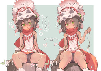  1girl absurdres arrow_(symbol) bare_shoulders black_hair black_panties blush border clawed_gauntlets claws commentary dark-skinned_female dark_skin expressionless gloves green_eyes haruka_kanata_(togassi1) heart highres looking_at_viewer multiple_views notice_lines on_tree_stump original outside_border panties red_scarf scarf sequential simple_background single_glove sitting skull_on_head sound_effects speech_bubble spread_legs symbol-only_commentary tree_stump underwear white_border 