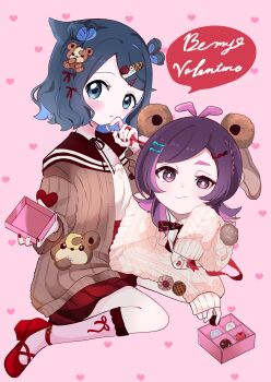  2girls 3yk0_h absurdres black_hair blue_eyes blue_hair blush box box_of_chocolates chocolate closed_mouth commentary_request cowlick dot_(pokemon) eyelashes food hair_ornament hairclip highres holding jacket liko_(pokemon) long_sleeves looking_at_viewer multicolored_hair multiple_girls nintendo open_clothes open_mouth pink_hair pokemon pokemon_(anime) pokemon_horizons purple_eyes purple_hair shirt short_hair skirt two-tone_hair valentine 