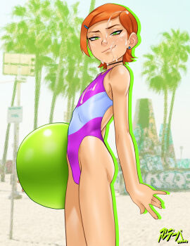 1girl absurdres andava artist_name ass ball bare_shoulders beach beachball ben_10 black_choker breasts choker cum cum_on_body earrings facial green_eyes gwen_tennyson highres jewelry legs loli looking_at_viewer naughty_face one-piece_swimsuit orange_hair short_hair small_breasts smile solo swimsuit thighs  rating:Questionable score:443 user:SassyLoliCorrector