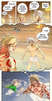  2boys antenna_hair arm_tattoo armlet back_tattoo bathhouse black_choker blonde_hair blue_eyes braid choker commentary english_commentary facial_tattoo gradient_hair green_shirt hickey highres honkai:_star_rail honkai_(series) jewelry lying male_focus medium_hair multicolored_hair multiple_boys mydei_(honkai:_star_rail) nervous_sweating on_bed on_stomach parted_bangs phainon_(honkai:_star_rail) red_hair red_tattoo shirt short_hair side_braid sleeping sun_symbol sun_tattoo sweat tan tattoo topless_male towel towel_around_waist treesbuddy twitter_username waking_up watermark white_hair yaoi 