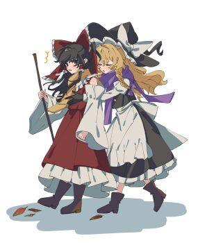 2girls ^^^ apron black_eyes black_gloves black_hair black_skirt black_vest blush boots bow braid breath brown_boots closed_eyes collared_shirt commentary_request detached_sleeves frilled_hair_tubes frills full_body gloves hair_between_eyes hair_bow hair_tubes hakurei_reimu hat hat_bow highres hua88331 incoming_hug juliet_sleeves kirisame_marisa leaf long_hair long_sleeves multiple_girls open_mouth puffy_sleeves purple_bow purple_scarf red_bow red_skirt scarf shirt side_braid simple_background single_braid skirt sleeveless sleeveless_shirt touhou vest waist_apron white_apron white_background white_bow white_shirt wide_sleeves witch_hat yellow_scarf 