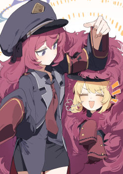  2girls absurdres armband black_hat black_shirt black_skirt blonde_hair blue_archive collared_shirt fluffy_hair grey_eyes halo hat highres ibuki_(blue_archive) iroha_(blue_archive) jacket long_hair long_sleeves loose_necktie maton_3110 military_hat military_jacket multiple_girls necktie open_clothes open_jacket open_mouth peaked_cap pencil_skirt purple_halo red_armband red_hair red_necktie shirt skirt sleeves_past_fingers sleeves_past_wrists smile too_much_fluff very_long_hair w_arms 