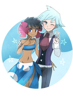  10s 1boy 1girl bandeau bare_shoulders black_hair blue_eyes dark_skin elite_four flower grey_eyes hair_flower hair_ornament hand_on_another's_shoulder jewelry kuroi_paseri looking_at_viewer midriff navel nintendo one_eye_closed phoebe_(pokemon) pokemon pokemon_oras ring sarong short_hair silver_hair smile steven_stone strapless tube_top v  rating:Sensitive score:14 user:danbooru