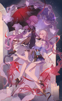  2girls absurdres asymmetrical_sleeves camera candle commentary dress evernight_(honkai:_star_rail) evey_(honkai:_star_rail) flower gloves hand_on_another's_chin highres holding holding_umbrella honkai:_star_rail honkai_(series) jellyfish layered_dress long_hair march_7th_(honkai:_star_rail) march_7th_(preservation)_(honkai:_star_rail) medium_hair mi_ran_ran mismatched_sleeves multicolored_eyes multiple_girls off_shoulder overskirt pink_hair pleated_skirt polka_dot polka_dot_background red_eyes shirt shoes skirt sparkle thigh_strap two-tone_eyes umbrella very_long_hair yuri 