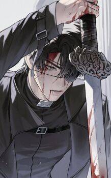  1boy black_coat black_eyes black_hair blood blood_from_mouth blood_on_face blood_on_hands blood_sword coat collared_shirt eyepatch holding holding_sword holding_weapon long_sleeves male_focus nose omniscient_reader's_viewpoint shirt short_hair simple_background solo sword weapon yoo_joonghyuk yoo_joonghyuk_(999th_turn) zco111 