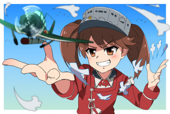  1girl aircraft airplane blue_sky blush bomber border brown_hair collared_shirt commentary_request gradient_sky grey_hat hat kantai_collection launching long_sleeves looking_at_object medium_hair military_vehicle necono_(nekonosora1207) open_mouth outdoors outside_border parted_bangs red_eyes ryuujou_(kancolle) shirt sky smile solo teeth torpedo torpedo_bomber twintails upper_body visor_cap white_border white_shirt 