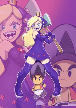  1boy 1girl absurdres axe blonde_hair boots bracelet crown dress elbow_gloves gloves highres holding holding_axe hooded_dress jewelry kimbosarchive looking_at_viewer mario_(series) nintendo open_clothes open_mouth open_vest purple_boots purple_dress purple_gloves red_vest sharp_teeth spiked_bracelet spikes teeth thigh_boots vest warupeach watoad zoom_layer 