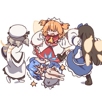  4girls attack barefoot black_boots black_hair blonde_hair blue_bow blue_dress blue_hair boots bow bullying cirno closed_eyes commentary dress drill_hair fairy_wings fang fetal_position grey_hair hair_bow hands_on_own_head hat highres ice ice_wings kicking long_hair luna_child lying magg_(user_mtca8588) medium_hair multiple_girls no_eyes on_side open_mouth red_dress shoes simple_background skin_fang smile star_sapphire sunny_milk touhou two_side_up v-shaped_eyebrows violence white_background white_dress white_hat white_shoes wings 