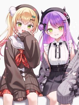  2girls aran_sweater arm_between_breasts beret between_breasts black_hat black_ribbon black_skirt blonde_hair blush breasts brown_hat cable_knit cardigan collar collared_shirt commentary_request cross-laced_clothes cross-laced_sleeves fake_horns fang frilled_collar frilled_shirt frills gradient_hair green_eyes grey_sweater hair_bun hair_ornament hair_ribbon hand_up hat highres hololive horned_headwear horns long_hair looking_at_viewer momoshiki_tsubaki momosuzu_nene momosuzu_nene_(casual) multicolored_hair multiple_girls neckerchief off_shoulder official_alternate_costume official_alternate_hairstyle open_cardigan open_clothes open_mouth pink_hair plaid_clothes plaid_neckerchief plaid_skirt pleated_skirt pom_pom_(clothes) pom_pom_hair_ornament purple_hair red_neckerchief red_skirt ribbon sailor_collar shirt shirt_tucked_in side-by-side side_ponytail sidelocks simple_background single_side_bun sitting skin_fang skirt sleeves_past_fingers sleeves_past_wrists smile suspender_skirt suspenders sweater tokoyami_towa tokoyami_towa_(jirai_kei) virtual_youtuber watermark white_background white_sailor_collar white_shirt 