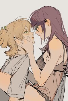  2girls absurdres armpit_crease babydoll bare_arms bare_shoulders black-framed_eyewear black_babydoll blonde_hair blush commentary daiba_nana eye_contact face-to-face flipped_bangs from_side glasses green_eyes green_ribbon grey_shirt hair_between_eyes hair_down hair_ribbon hand_on_another's_cheek hand_on_another's_face hand_up highres hoshimi_junna lace-trimmed_babydoll lace_trim leaning_back leaning_forward leg_up lingerie lips long_hair looking_at_another multiple_girls one_side_up parted_bangs parted_lips profile protected_link purple_hair ribbon see-through_babydoll see-through_clothes shirt short_hair short_sleeves shoujo_kageki_revue_starlight sidelocks simple_background sleeveless sweat uikaposting underwear untranslatable_commentary upper_body white_background yuri 