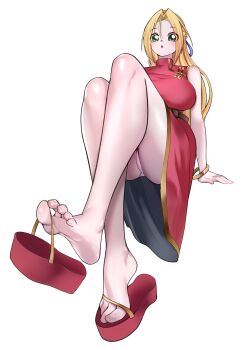  1girl barefoot blonde_hair china_dress chinese_clothes dress elflorri feet green_eyes highres light_blush long_hair looking_at_viewer panties pantyshot parted_lips shoe_dangle soles toes transparent_background underwear 