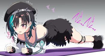  1girl ass bare_shoulders beret black_choker black_dress black_hair blue_hair blush braid breasts choker cleavage commentary_request dress earrings exercising gradient_hair hat highres hololive hololive_dev_is jewelry legwear_garter long_sleeves medium_breasts multicolored_hair off_shoulder official_alternate_costume open_mouth planking pon_tanuki_(ga7fsrge9jxblaw) rindo_chihaya sex_toy solo streaked_hair trembling twitching virtual_youtuber white_hair 