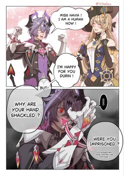  1boy 1girl armor black_bridal_gauntlets blunt_ends bridal_gauntlets dragon_boy dragon_horns dragon_wings durin_(genshin_impact) genshin_impact gold gold_ring hakama hakama_shorts hat heart-shaped_gem highres horns japanese_armor japanese_clothes jingasa juban kote kurokote mandarin_collar middle_ring navia_(genshin_impact) pleated_shorts purple_rope rchella rope shorts shoulder_peek two-sided_horns wings 