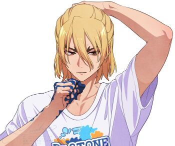  1boy arm_tattoo arm_up arms_up blonde_hair brown_eyes brushing_hair closed_mouth collarbone dr._stone hair_between_eyes hand_on_own_head highres lips male_focus medium_hair nanami_ryuusui omiomi038 parted_lips print_shirt shirt short_hair short_sleeves signature simple_background solo sweat sweatdrop t-shirt tattoo upper_body white_background white_shirt 