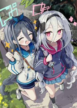  2girls absurdres aris_(blue_archive) black_hair black_hairband black_ribbon blue_archive blush bow_hairband braid green_halo hair_between_eyes hair_ribbon hairband halo highres kei_(blue_archive) locked_arms long_hair long_hair_between_eyes multiple_girls open_mouth pink_eyes pink_halo rectangular_halo ribbon ringed_eyes skirt smile thomason366 twin_braids very_long_hair white_hair 