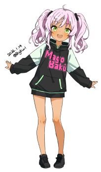  1girl :d absurdres ahoge bigkwl black_hoodie black_shoes blush comandante_cappellini_(kancolle) commentary dark-skinned_female dark_skin dated dated_commentary dot_nose drawstring full_body green_eyes highres hood hood_down hoodie kantai_collection long_sleeves looking_at_viewer medium_hair no_socks one-hour_drawing_challenge open_mouth pink_hair shoes simple_background smile sneakers solo standing twintails twitter_username white_background 