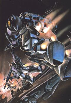  1980s_(style) bazooka_(gundam) box_art commentary_request exhaust explosion flying glowing glowing_eye gun gundam gundam_msv highres holding holding_gun holding_weapon ishibashi_ken'ichi magellan_class mecha mecha_focus mobile_suit mobile_suit_gundam musai no_humans official_art oldschool one-eyed outstretched_arm red_eyes retro_artstyle robot scan science_fiction shoulder_spikes space spacecraft spikes star_(sky) third-party_source thrusters weapon zaku_high_mobility_test_type zaku_ii zaku_ii_hmt_black_tri-stars_custom zeon 