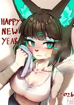  1girl abs animal_ear_fluff animal_ears animal_nose aqua_eyes aqua_eyeshadow aqua_hair artist_name bandaged_arm bandages bandaid bandaid_on_face black_hair blush bob_cut breasts cat_ears cat_girl cat_tail cleavage closed_mouth collarbone colored_inner_hair dated eyeshadow from_above furry furry_female hair_ornament hairclip happy_new_year highres lalinowl large_breasts looking_at_viewer makeup multicolored_hair navel neri_(lalinowl) new_year original parallel_hairclips shadow short_hair slit_pupils solo sports_bra suspenders sweat tail white_fur white_sports_bra wiping_face 
