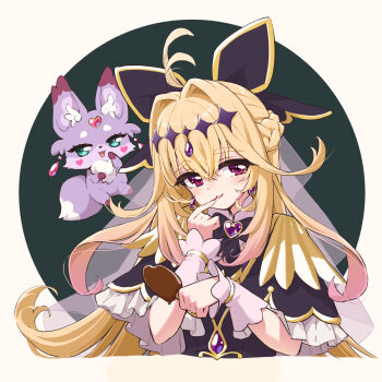  1girl antenna_hair black_bow black_bowtie black_capelet blonde_hair bow bowtie braid brooch capelet commentary crown_braid cure_arcana_shadow diamond_hairband earrings finger_to_mouth frilled_capelet frilled_cuffs frills gradient_hair hair_bow hair_intakes heart heart_brooch highres holding ice_cream_bar jewelry long_hair looking_at_viewer magical_girl mashu-tan meitantei_precure! mikuru_ism moria_luluka multicolored_hair precure purple_eyes purple_veil smile solo veil very_long_hair 