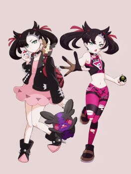  1girl ankle_boots aqua_eyes arm_at_side armpits artist_name asymmetrical_bangs backpack bag bare_arms bare_shoulders black_boots black_choker black_hair black_jacket black_nails boots breasts child choker collarbone curled_fingers determined dress dusk_ball earrings expressionless eyelashes feet_up female_focus fighting_stance flat_chest full_body gen_8_pokemon gloves hair_ornament hand_up head_tilt hepu2rabbits_(epuusa) high_heel_boots high_heels highres holding holding_poke_ball jacket jewelry knees knees_together_feet_apart leather leather_boots leather_jacket leggings legs long_hair long_sleeves looking_at_viewer marnie_(pokemon) midriff morpeko morpeko_(full) morpeko_(hangry) nail_polish navel nintendo official_alternate_costume open_clothes open_hand open_jacket open_mouth outstretched_arm pale_skin partially_fingerless_gloves pendant_choker pink_dress pink_leggings poke_ball pokemon pokemon_(creature) pokemon_swsh red_bag shoes simple_background single_glove small_breasts sneakers sports_bra standing standing_on_one_leg stomach stud_earrings thighs torn_clothes torn_leggings twintails two-tone_shirt undercut v-shaped_eyebrows 