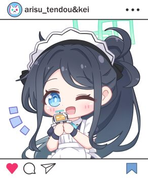  1girl ;d absurdres antenna_hair apron aqua_eyes aqua_ribbon aris_(blue_archive) aris_(maid)_(blue_archive) black_dress black_hair black_wrist_cuffs blue_archive blush bright_pupils character_name chibi chibi_only collared_dress commentary_request contrast_collar dot_nose dress fake_screenshot frilled_apron frills green_halo halo heart highres holding kei_(robot)_(blue_archive) long_hair looking_at_viewer maid maid_apron maid_headdress neck_ribbon neguse1233 notice_lines official_alternate_costume official_alternate_hairstyle one_eye_closed open_mouth parted_bangs ponytail puffy_short_sleeves puffy_sleeves rectangular_halo ribbon ringed_eyes short_sleeves sidelocks simple_background smile solo upper_body very_long_hair white_apron white_background white_headdress white_pupils wrist_cuffs 