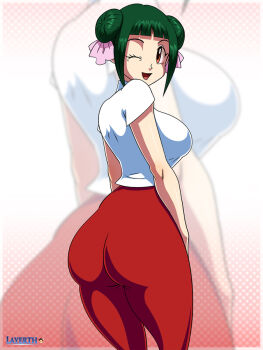  1girl ass breasts cassandra_(pokemon) changshan chinese_clothes green_hair hair_buns layerth looking_at_viewer looking_back nintendo one_eye_closed orange_eyes pokemon pokemon_(anime) pokemon_(classic_anime) pokemon_ep044 smile wink 