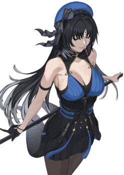  1girl absurdres arms_behind_back bare_shoulders beret black_bow black_dress black_gloves black_hair black_pantyhose blue_dress bow breasts cleavage closed_eyes closed_mouth dress facial_hair facial_mark feather_hair feathers feet_out_of_frame forehead_mark gloves hair_bow hat highres holding holding_sword holding_weapon large_breasts lips long_hair mole mole_under_eye pantyhose seilindekos sideboob simple_background solo standing sword tacet_mark_(wuthering_waves) two-tone_dress weapon white_background wuthering_waves yangyang_(wuthering_waves) 