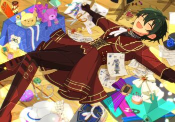  1boy belt_buckle black_gem blue_flower blue_rose boots bow box buckle clenched_hand closed_eyes commentary_request corset ensemble_stars! fang feature_scout_2_(ensemble_stars!) fingerless_gloves flower gem gloves hair_between_eyes happii_(papipapom) hat heart highres human_comedy_(ensemble_stars!) kagehira_mika long_sleeves lying male_focus on_back on_floor open_mouth outstretched_arms paintbrush paper ribbon rose scissors short_hair smile solo stuffed_animal stuffed_toy tape_measure teddy_bear teddy_bear_(ensemble_stars!) thread white_hat 