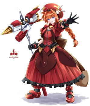  1girl ahoge black_gloves blue_eyes braid braided_ponytail character_name commentary_request copyright_name dress frilled_dress frills full_body gloves graf_eisen grin hair_intakes hammer hat highres holding holding_hammer long_hair looking_at_viewer lyrical_nanoha mahou_shoujo_lyrical_nanoha mahou_shoujo_lyrical_nanoha_a's orange_hair paid_reward_available reaching reaching_towards_viewer red_dress red_hat red_shoes shoes short_sleeves simple_background smile solo sougetsu_izuki standing vita_(nanoha) white_background 