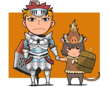  2girls :< alternate_costume animal_ears armor armored_boots armored_skirt black_eyes black_hair boots breastplate chibi chibi_only closed_mouth commentary_request expressionless gauntlets grey_hair holding holding_hands holding_shield looking_at_viewer monster_hunter_(series) monster_hunter_portable_3rd mouse_ears mouse_girl mouse_tail multicolored_hair multiple_girls nazrin onikobe_rin orange_background orange_hair shield short_hair standing streaked_hair tail toramaru_shou touhou two-tone_background very_short_hair white_background 