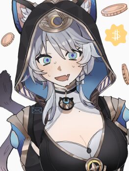  1girl :d animal_ear_fluff animal_ears animal_hood blue_eyes bow braid breasts cat_ears cat_girl cat_hood cat_tail choker cipher_(honkai:_star_rail) cleavage coin dollar_sign fang flustered grey_hair hair_bow highres honkai:_star_rail honkai_(series) hood large_breasts leotard light_blush mole nnyyy71 open_mouth skin_fang smile sweatdrop tail upper_body white_bow white_streaks 